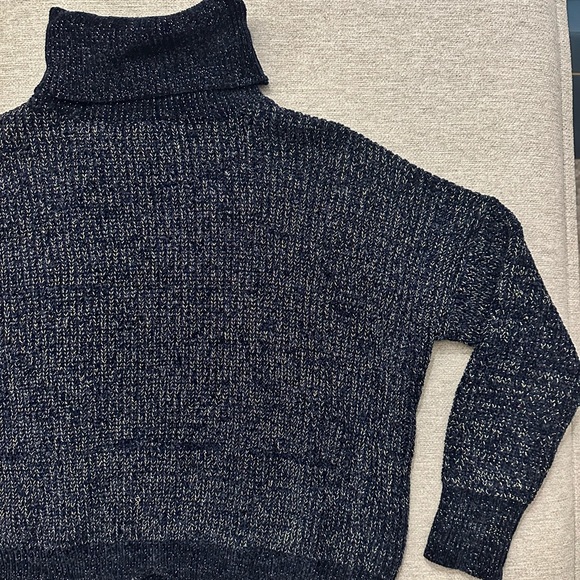 Raga Navy Turtleneck Women’s Sweater with gold threading accents, scalloped edge - Picture 3 of 5